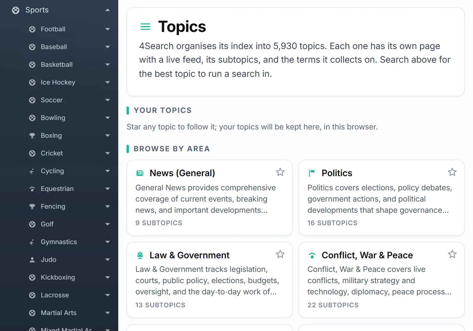 The Topics list with the Sports topic opened to show its subtopics, such as Football, Baseball and Basketball, each with its own arrow